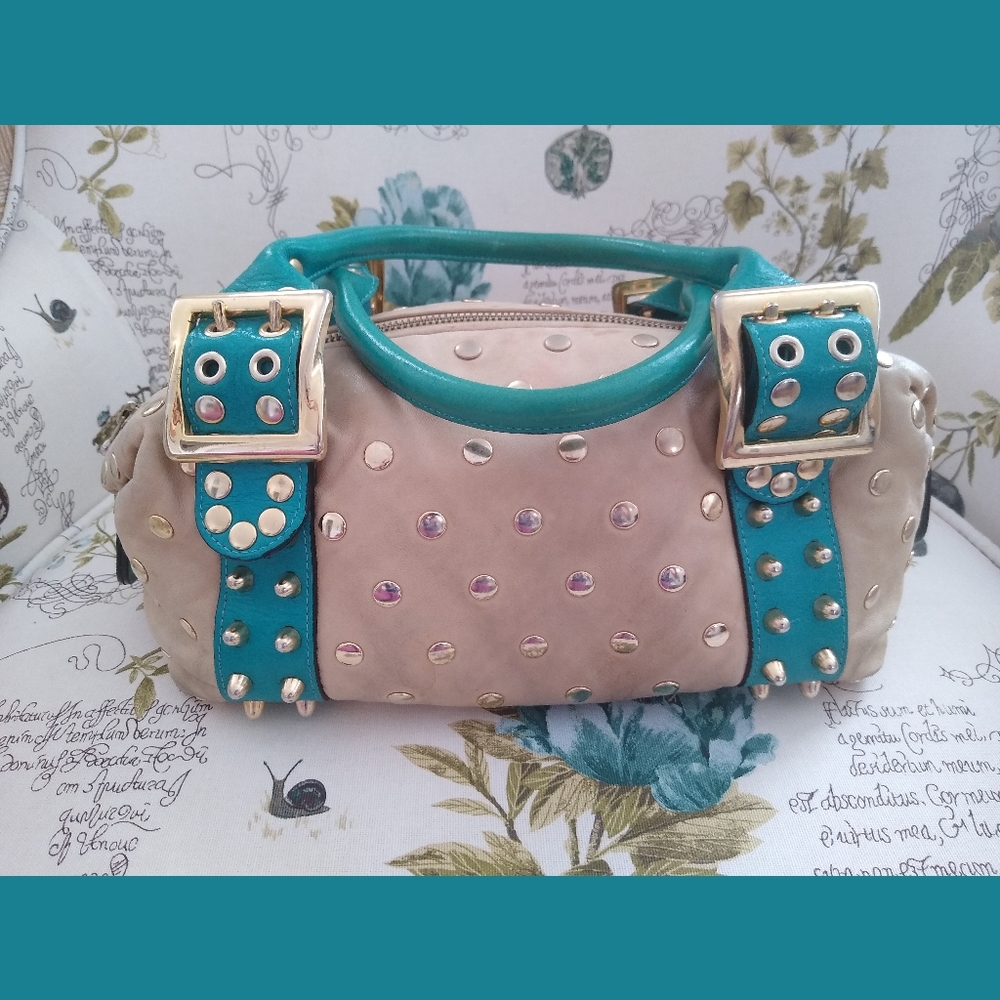 Be&D Cream & Turquoise Gold Studded Small Leather Garbo Satchel